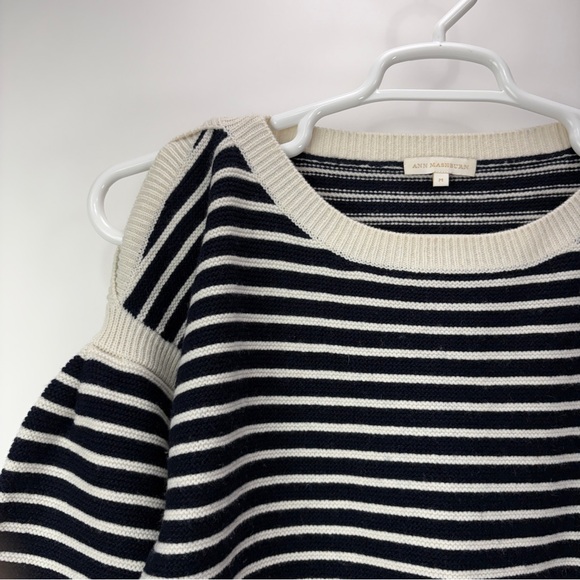 ANN MASHBURN Sweater Womens Medium Boat Neck Wool Navy Cold Shoulder Striped - Picture 6 of 13